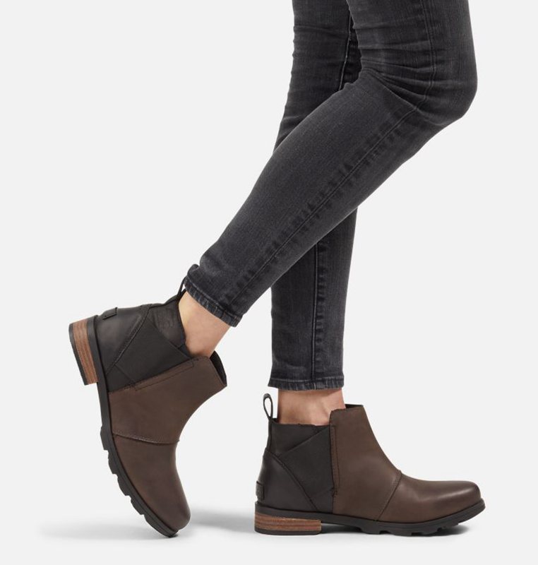 Womens Booties Black/Brown - Sorel Emelie™ Chelsea Low - 586392-YJO